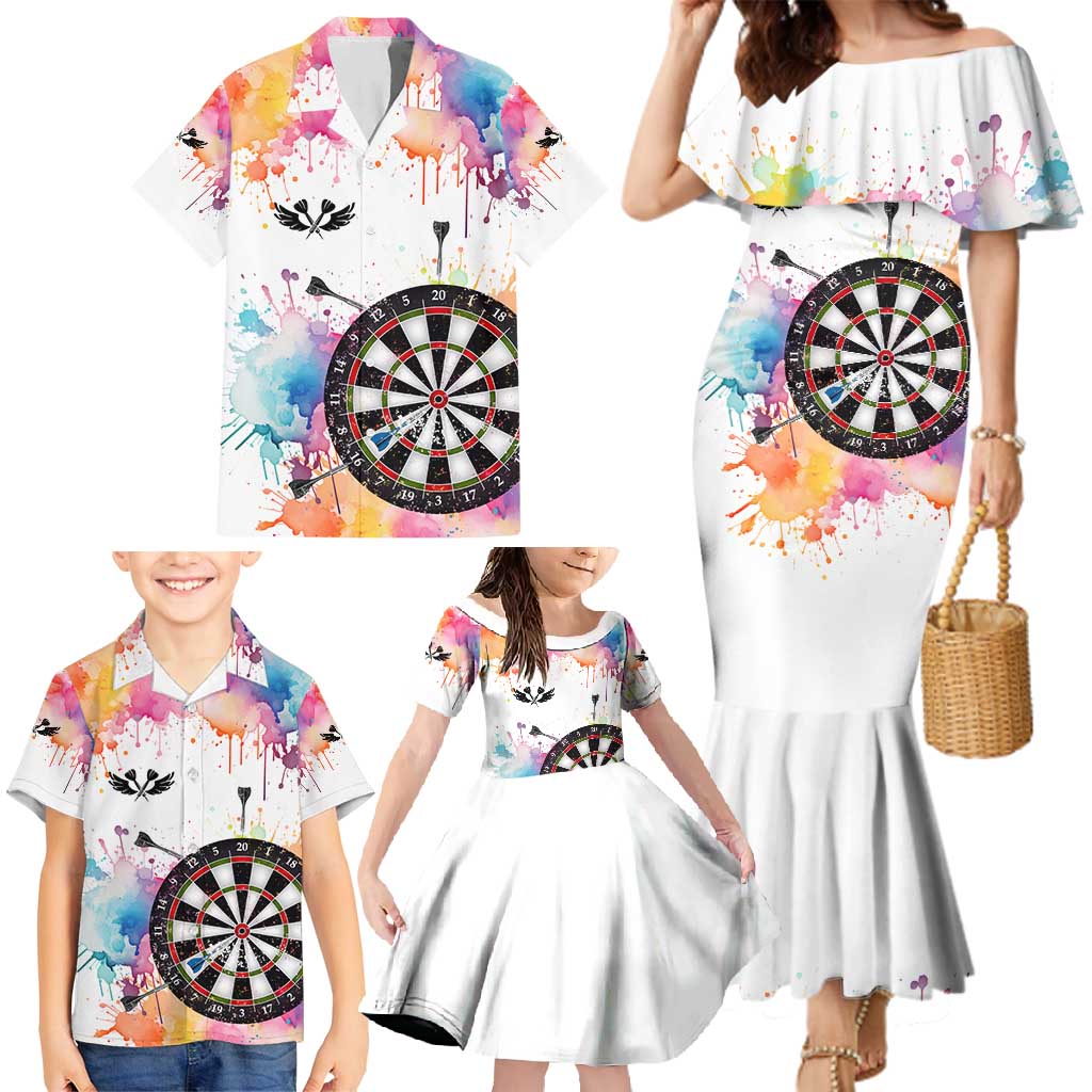 Custom Name Darts Family Matching Mermaid Dress and Hawaiian Shirt Funny Dartboards Colorful Paint Aim Shoot Swear Repeat - Wonder Print Shop