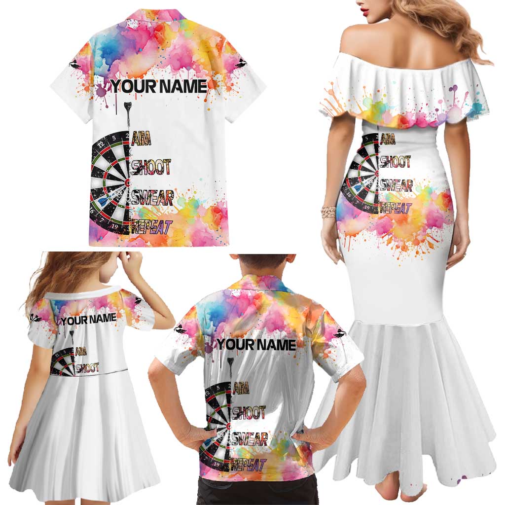 Custom Name Darts Family Matching Mermaid Dress and Hawaiian Shirt Funny Dartboards Colorful Paint Aim Shoot Swear Repeat - Wonder Print Shop