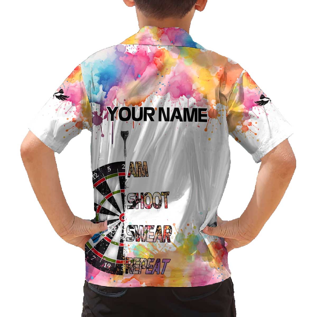 Custom Name Darts Family Matching Off The Shoulder Long Sleeve Dress and Hawaiian Shirt Funny Dartboards Colorful Paint Aim Shoot Swear Repeat - Wonder Print Shop