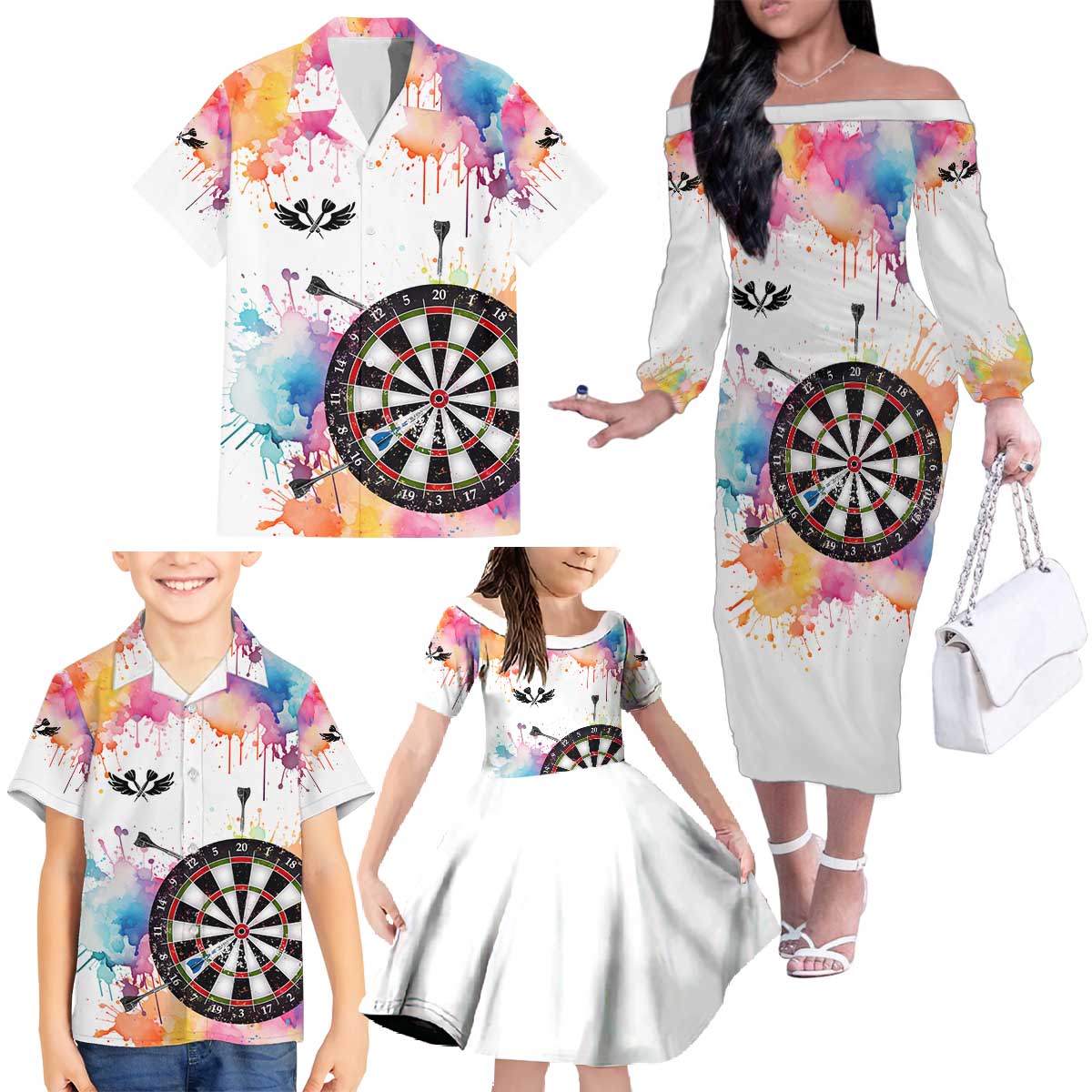 Custom Name Darts Family Matching Off The Shoulder Long Sleeve Dress and Hawaiian Shirt Funny Dartboards Colorful Paint Aim Shoot Swear Repeat - Wonder Print Shop