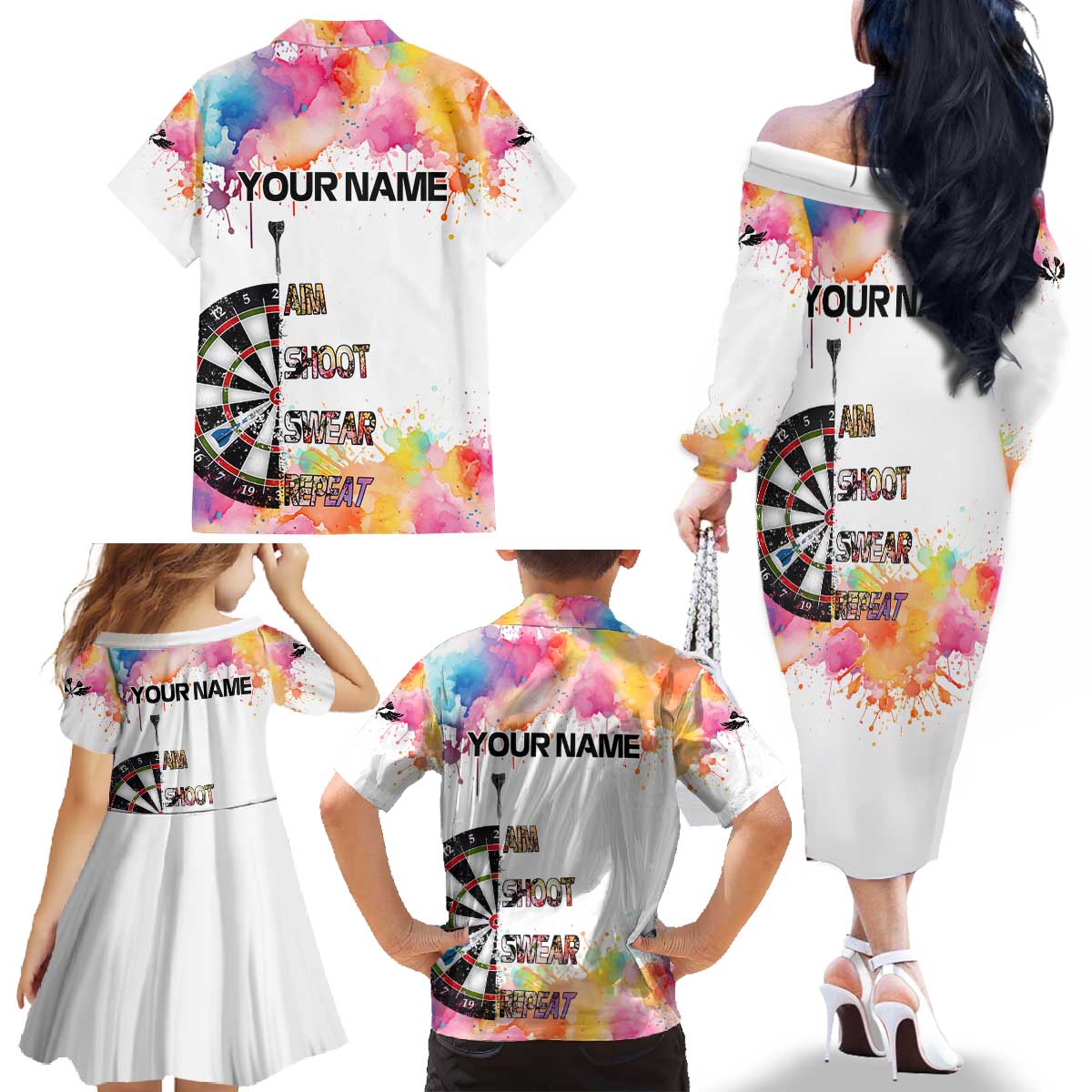 Custom Name Darts Family Matching Off The Shoulder Long Sleeve Dress and Hawaiian Shirt Funny Dartboards Colorful Paint Aim Shoot Swear Repeat - Wonder Print Shop