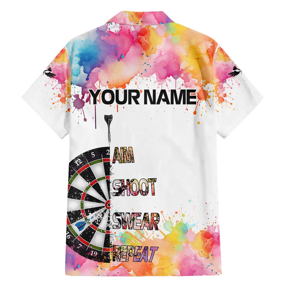 Custom Name Darts Family Matching Off The Shoulder Long Sleeve Dress and Hawaiian Shirt Funny Dartboards Colorful Paint Aim Shoot Swear Repeat - Wonder Print Shop