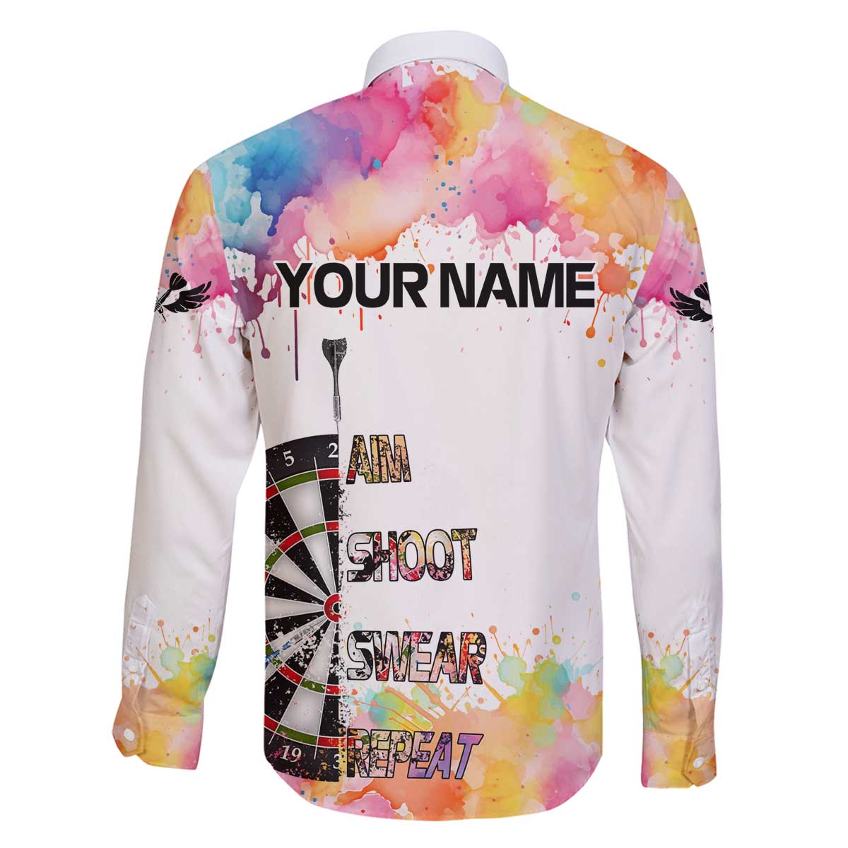 Custom Name Darts Family Matching Off The Shoulder Long Sleeve Dress and Hawaiian Shirt Funny Dartboards Colorful Paint Aim Shoot Swear Repeat - Wonder Print Shop