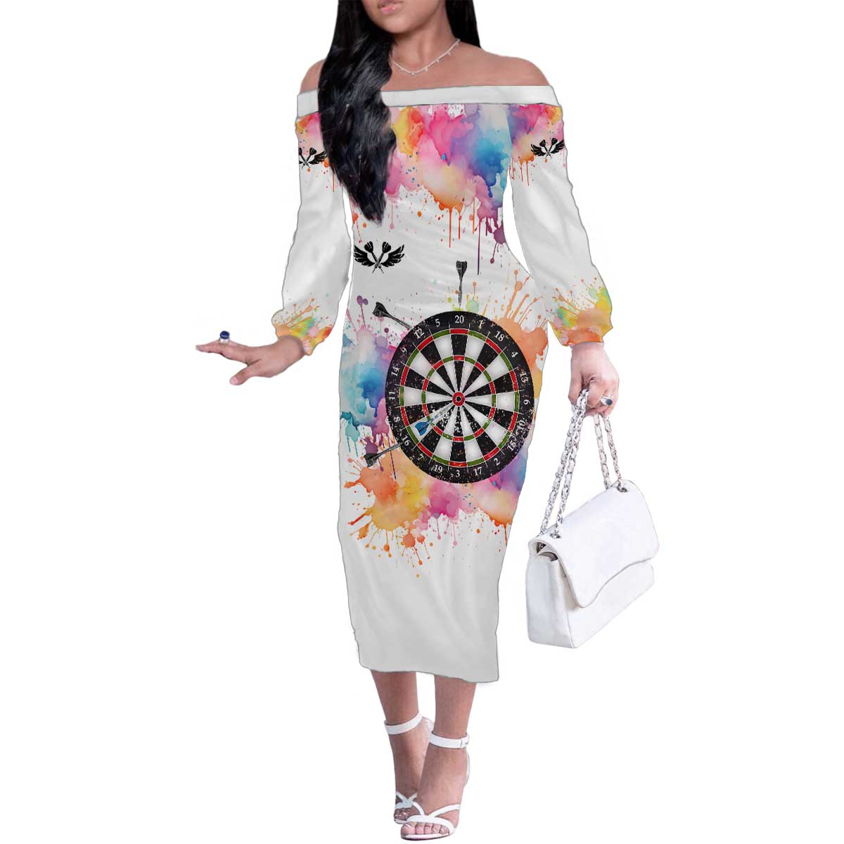 Custom Name Darts Family Matching Off The Shoulder Long Sleeve Dress and Hawaiian Shirt Funny Dartboards Colorful Paint Aim Shoot Swear Repeat - Wonder Print Shop