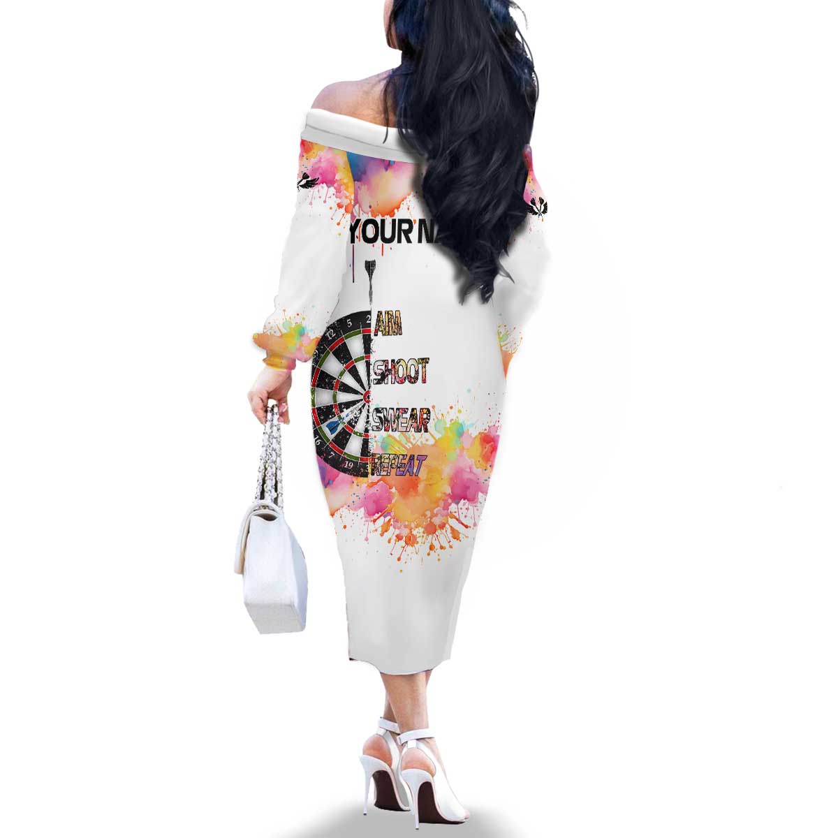 Custom Name Darts Family Matching Off The Shoulder Long Sleeve Dress and Hawaiian Shirt Funny Dartboards Colorful Paint Aim Shoot Swear Repeat - Wonder Print Shop