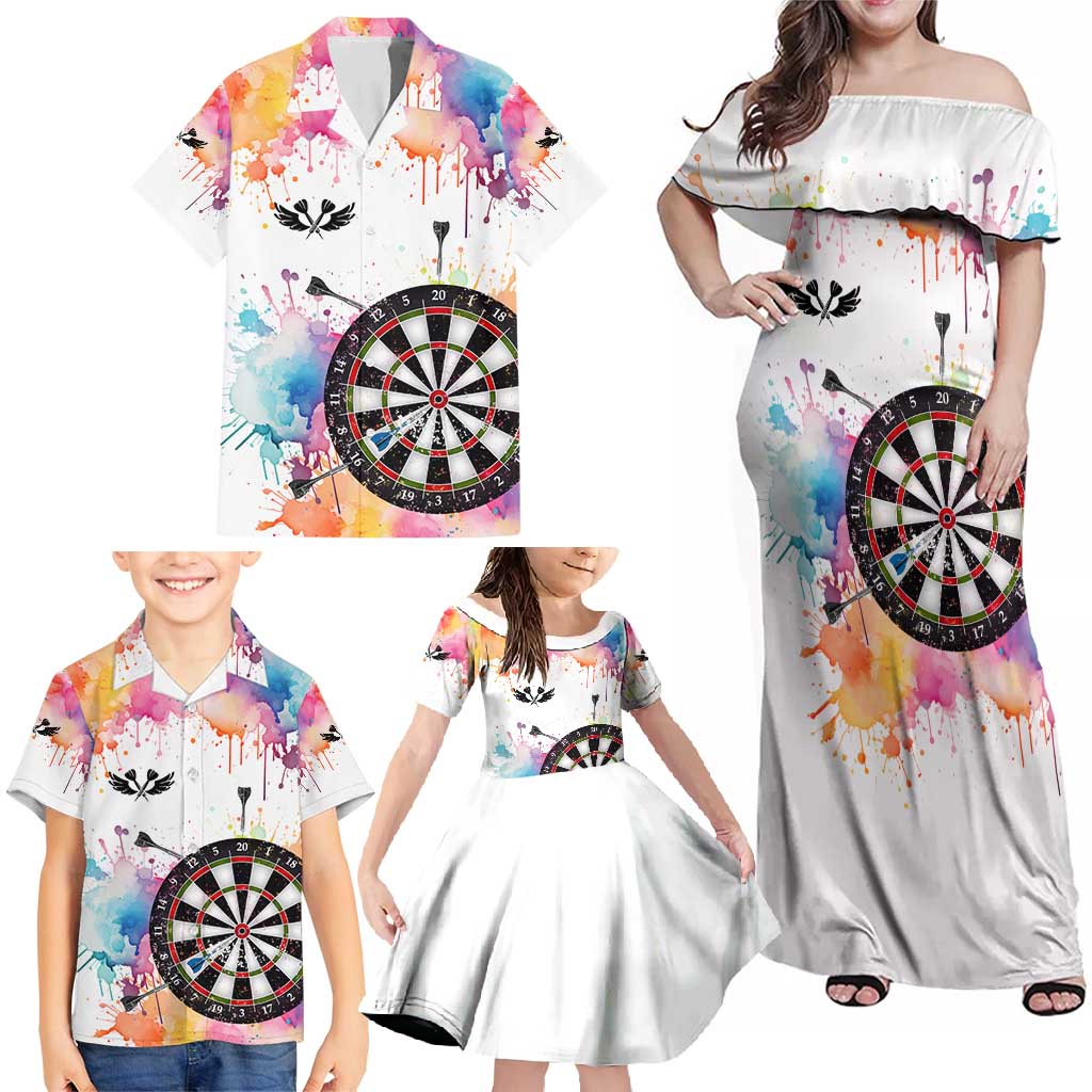 Custom Name Darts Family Matching Off Shoulder Maxi Dress and Hawaiian Shirt Funny Dartboards Colorful Paint Aim Shoot Swear Repeat - Wonder Print Shop