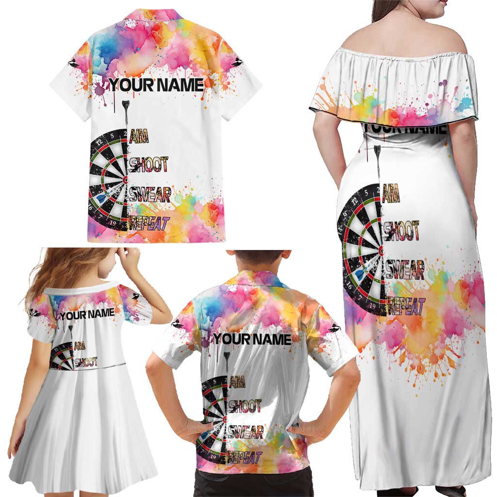 Custom Name Darts Family Matching Off Shoulder Maxi Dress and Hawaiian Shirt Funny Dartboards Colorful Paint Aim Shoot Swear Repeat - Wonder Print Shop