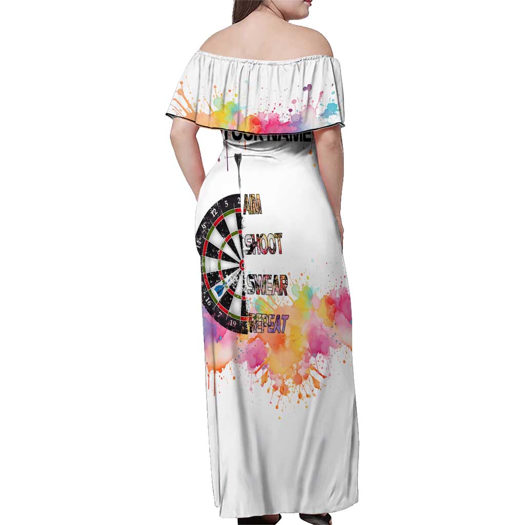 Custom Name Darts Family Matching Off Shoulder Maxi Dress and Hawaiian Shirt Funny Dartboards Colorful Paint Aim Shoot Swear Repeat - Wonder Print Shop