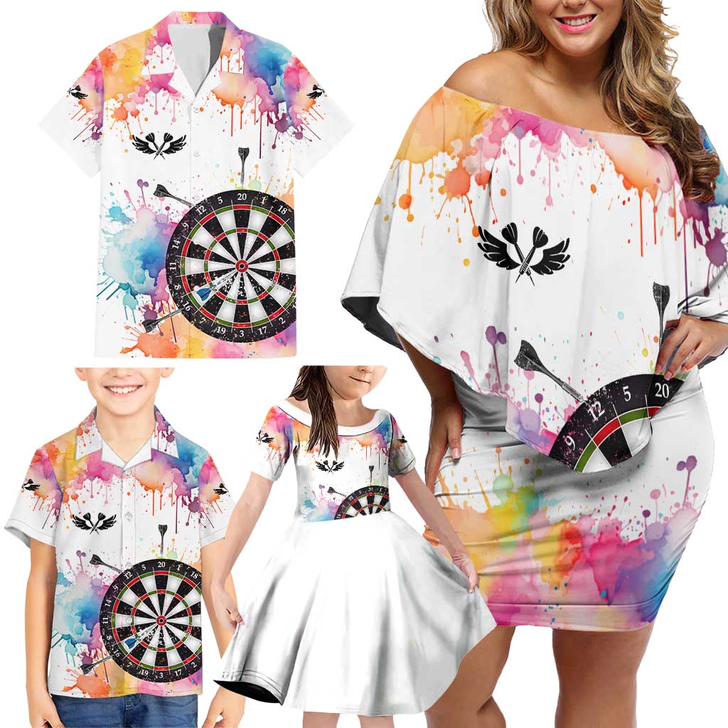 Custom Name Darts Family Matching Off Shoulder Short Dress and Hawaiian Shirt Funny Dartboards Colorful Paint Aim Shoot Swear Repeat - Wonder Print Shop
