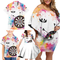 Custom Name Darts Family Matching Off Shoulder Short Dress and Hawaiian Shirt Funny Dartboards Colorful Paint Aim Shoot Swear Repeat - Wonder Print Shop