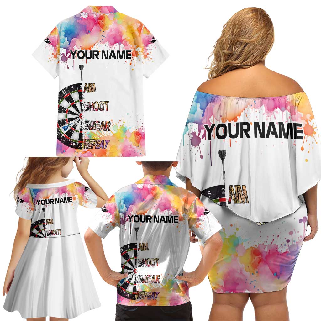 Custom Name Darts Family Matching Off Shoulder Short Dress and Hawaiian Shirt Funny Dartboards Colorful Paint Aim Shoot Swear Repeat - Wonder Print Shop