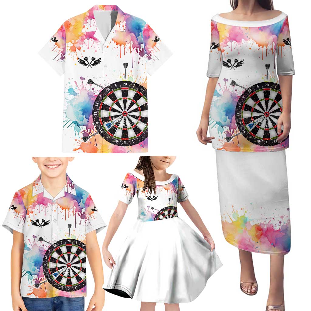 Custom Name Darts Family Matching Puletasi and Hawaiian Shirt Funny Dartboards Colorful Paint Aim Shoot Swear Repeat - Wonder Print Shop