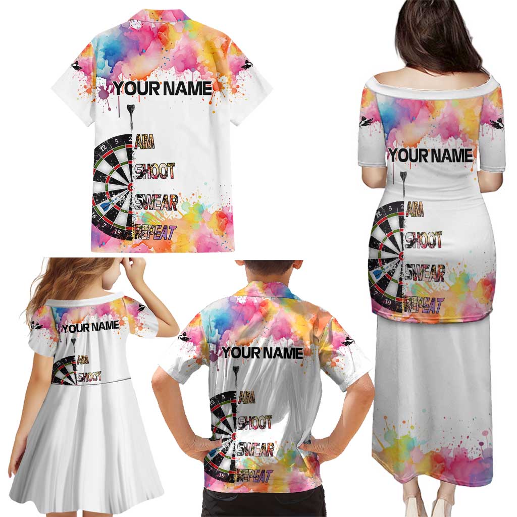 Custom Name Darts Family Matching Puletasi and Hawaiian Shirt Funny Dartboards Colorful Paint Aim Shoot Swear Repeat - Wonder Print Shop
