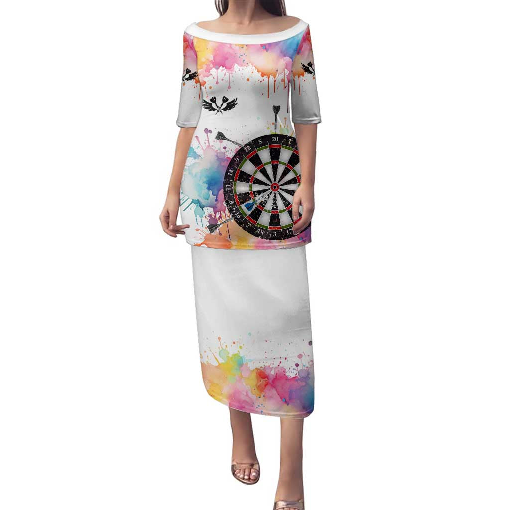Custom Name Darts Family Matching Puletasi and Hawaiian Shirt Funny Dartboards Colorful Paint Aim Shoot Swear Repeat - Wonder Print Shop