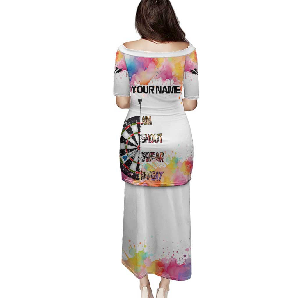 Custom Name Darts Family Matching Puletasi and Hawaiian Shirt Funny Dartboards Colorful Paint Aim Shoot Swear Repeat - Wonder Print Shop