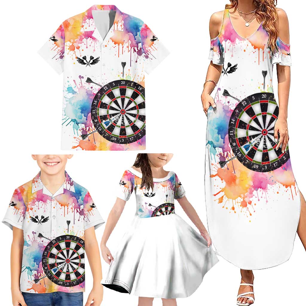 Custom Name Darts Family Matching Summer Maxi Dress and Hawaiian Shirt Funny Dartboards Colorful Paint Aim Shoot Swear Repeat - Wonder Print Shop
