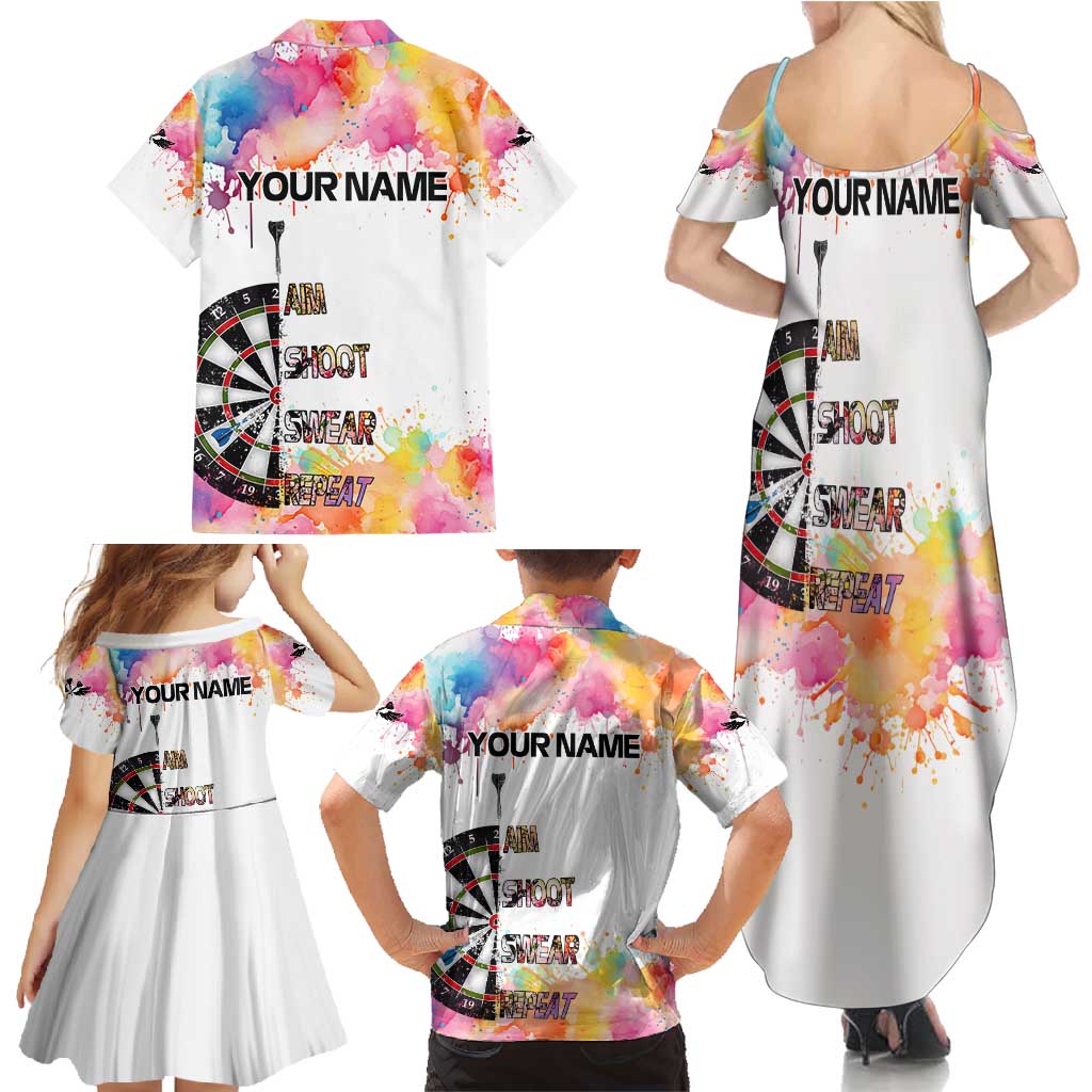 Custom Name Darts Family Matching Summer Maxi Dress and Hawaiian Shirt Funny Dartboards Colorful Paint Aim Shoot Swear Repeat - Wonder Print Shop