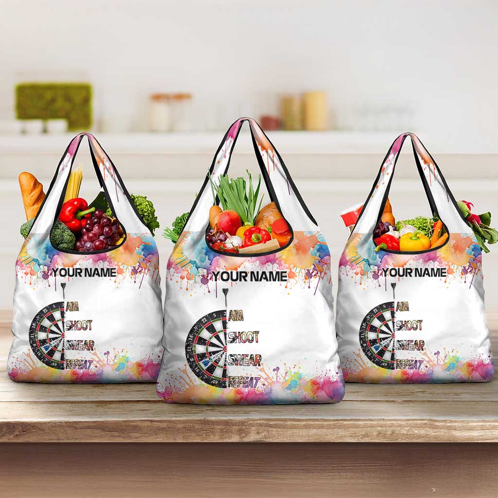 Custom Name Darts Grocery Bag Funny Dartboards Colorful Paint Aim Shoot Swear Repeat - Wonder Print Shop