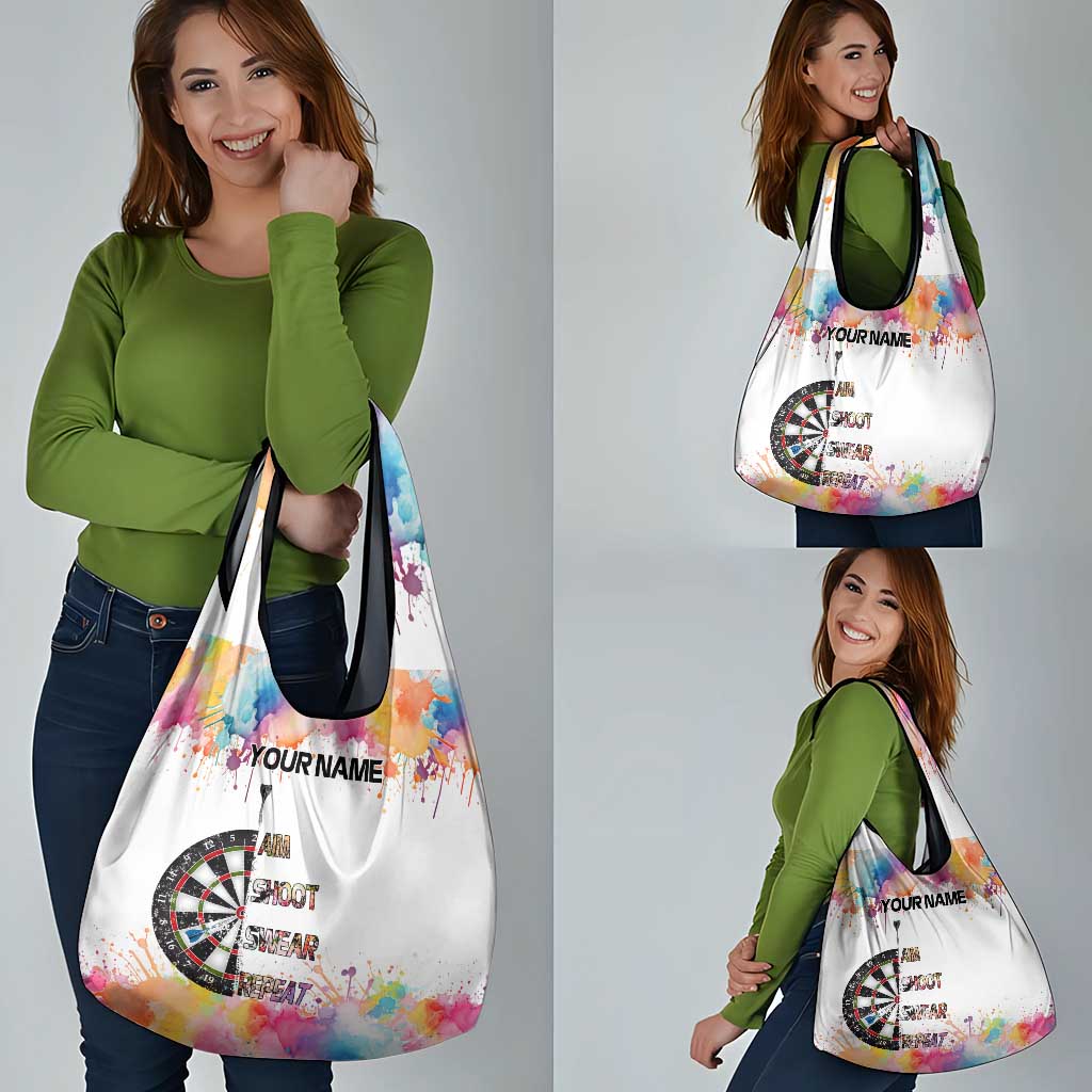 Custom Name Darts Grocery Bag Funny Dartboards Colorful Paint Aim Shoot Swear Repeat - Wonder Print Shop