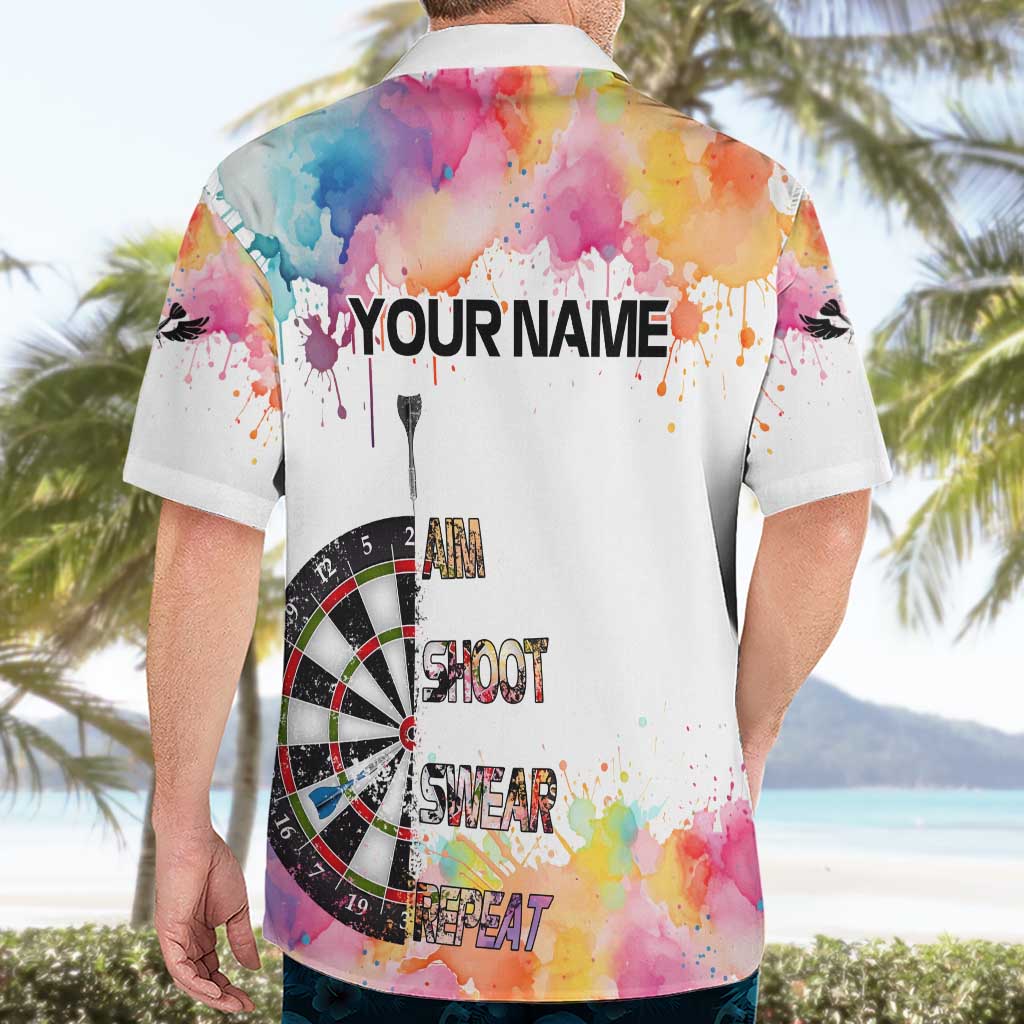 Custom Name Darts Hawaiian Shirt Funny Dartboards Colorful Paint Aim Shoot Swear Repeat - Wonder Print Shop