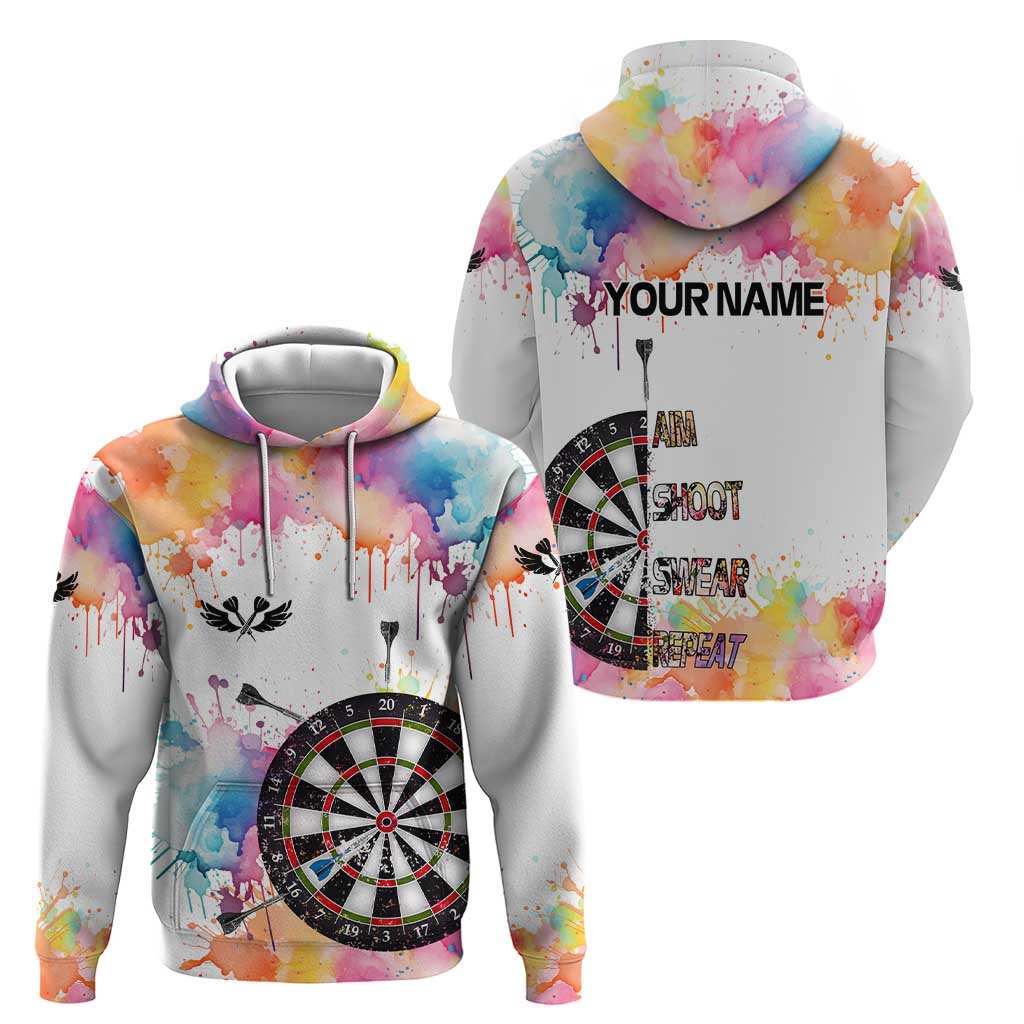 Custom Name Darts Hoodie Funny Dartboards Colorful Paint Aim Shoot Swear Repeat - Wonder Print Shop