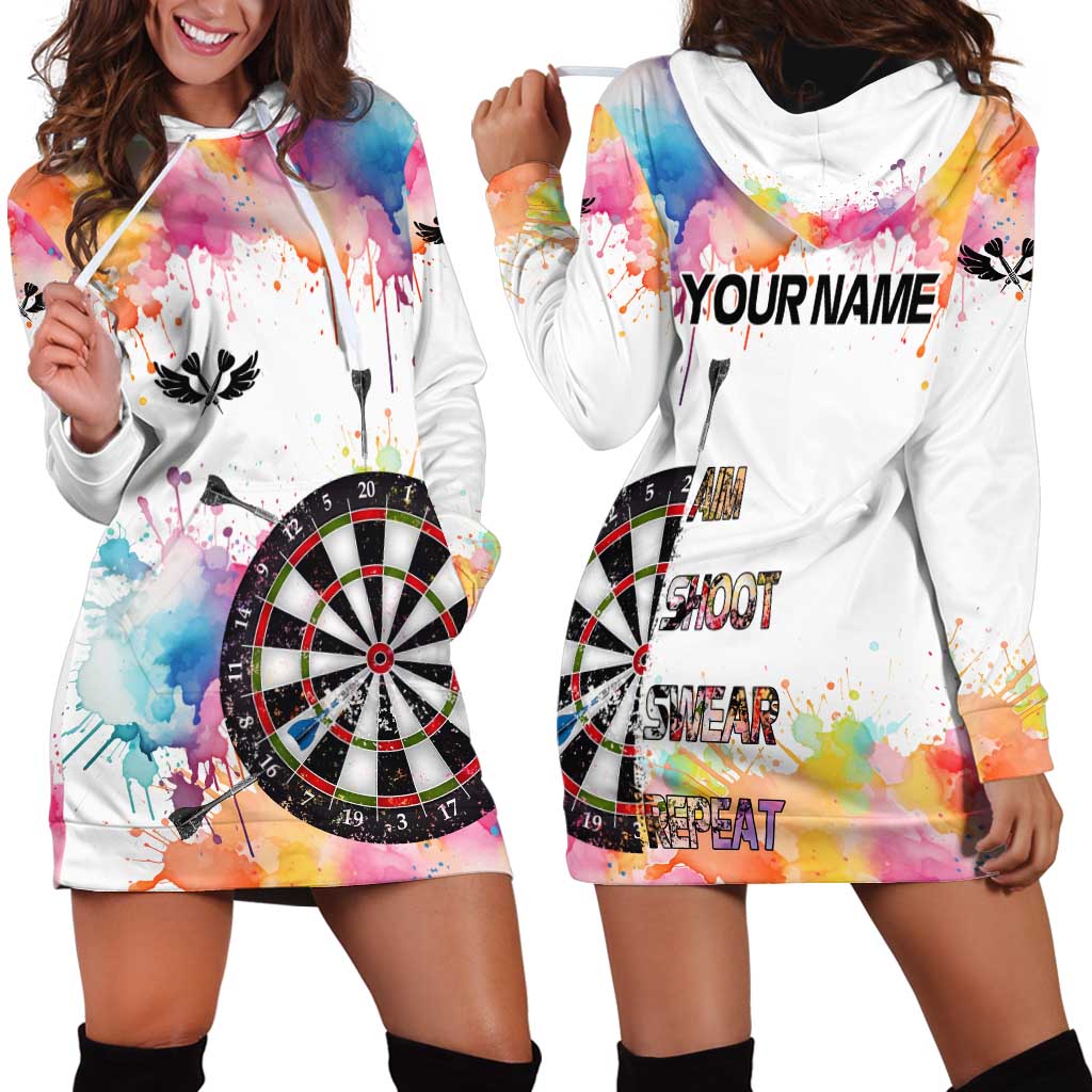 Custom Name Darts Hoodie Dress Funny Dartboards Colorful Paint Aim Shoot Swear Repeat - Wonder Print Shop