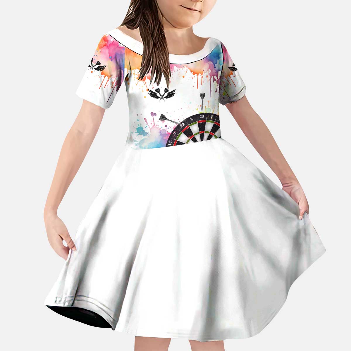 Custom Name Darts Kid Short Sleeve Dress Funny Dartboards Colorful Paint Aim Shoot Swear Repeat - Wonder Print Shop