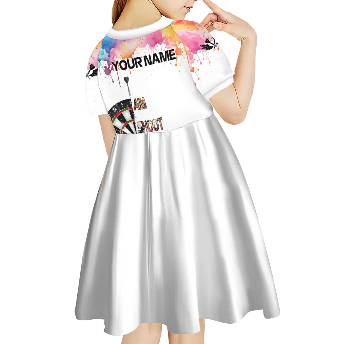 Custom Name Darts Kid Short Sleeve Dress Funny Dartboards Colorful Paint Aim Shoot Swear Repeat - Wonder Print Shop