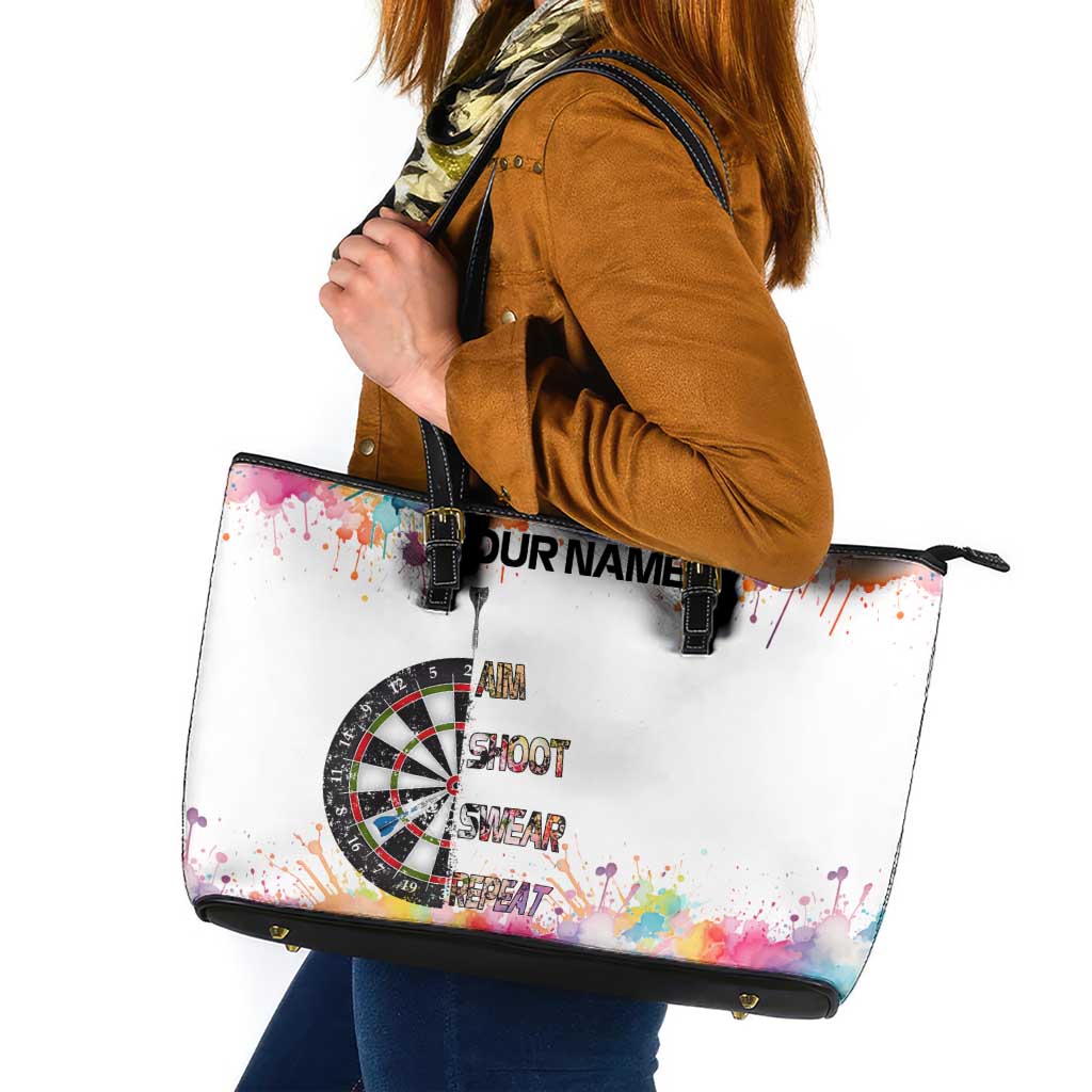 Custom Name Darts Leather Tote Bag Funny Dartboards Colorful Paint Aim Shoot Swear Repeat - Wonder Print Shop