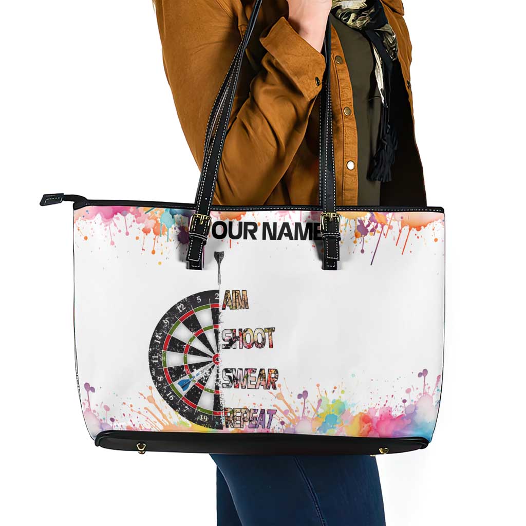 Custom Name Darts Leather Tote Bag Funny Dartboards Colorful Paint Aim Shoot Swear Repeat - Wonder Print Shop