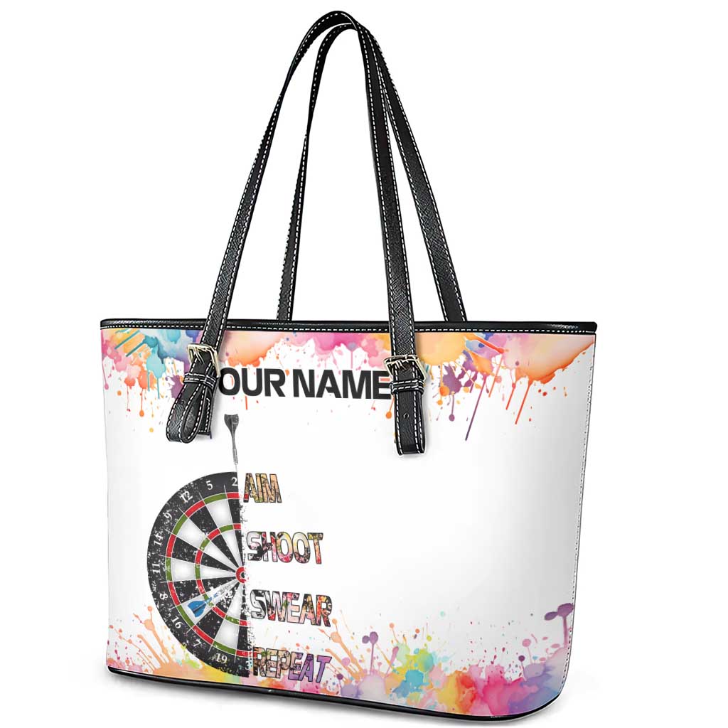 Custom Name Darts Leather Tote Bag Funny Dartboards Colorful Paint Aim Shoot Swear Repeat - Wonder Print Shop