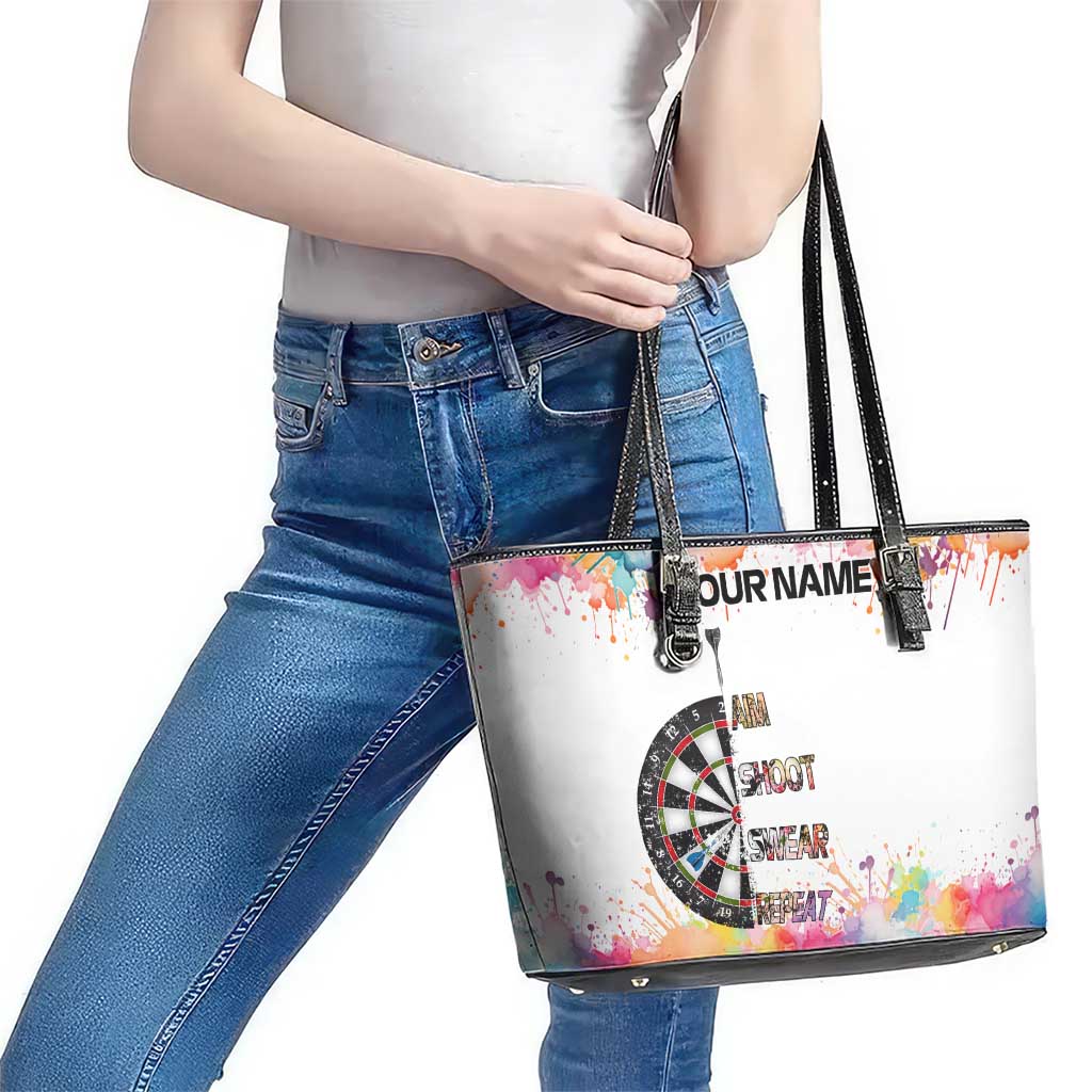 Custom Name Darts Leather Tote Bag Funny Dartboards Colorful Paint Aim Shoot Swear Repeat - Wonder Print Shop