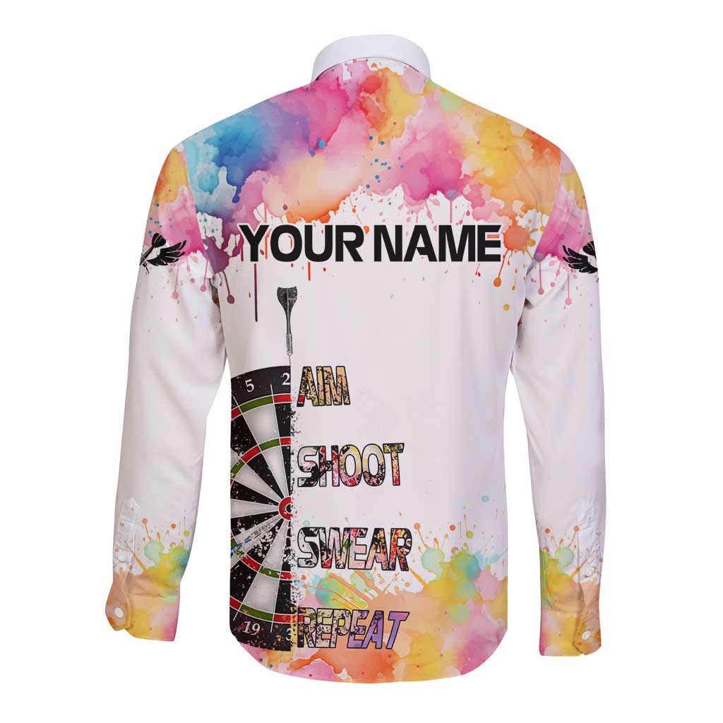 Custom Name Darts Long Sleeve Button Shirt Funny Dartboards Colorful Paint Aim Shoot Swear Repeat - Wonder Print Shop