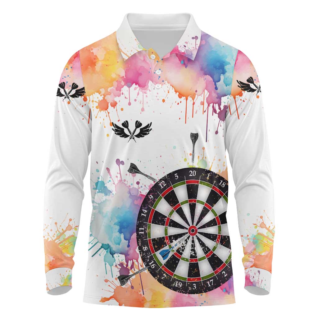 Custom Name Darts Long Sleeve Polo Shirt Funny Dartboards Colorful Paint Aim Shoot Swear Repeat - Wonder Print Shop