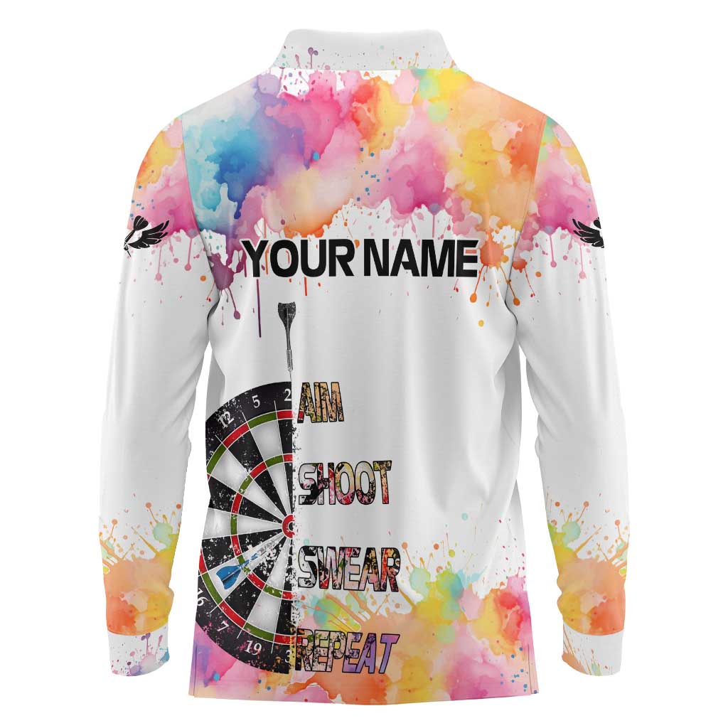 Custom Name Darts Long Sleeve Polo Shirt Funny Dartboards Colorful Paint Aim Shoot Swear Repeat - Wonder Print Shop