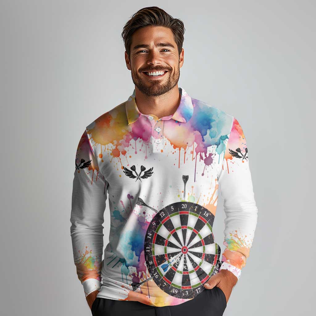 Custom Name Darts Long Sleeve Polo Shirt Funny Dartboards Colorful Paint Aim Shoot Swear Repeat - Wonder Print Shop