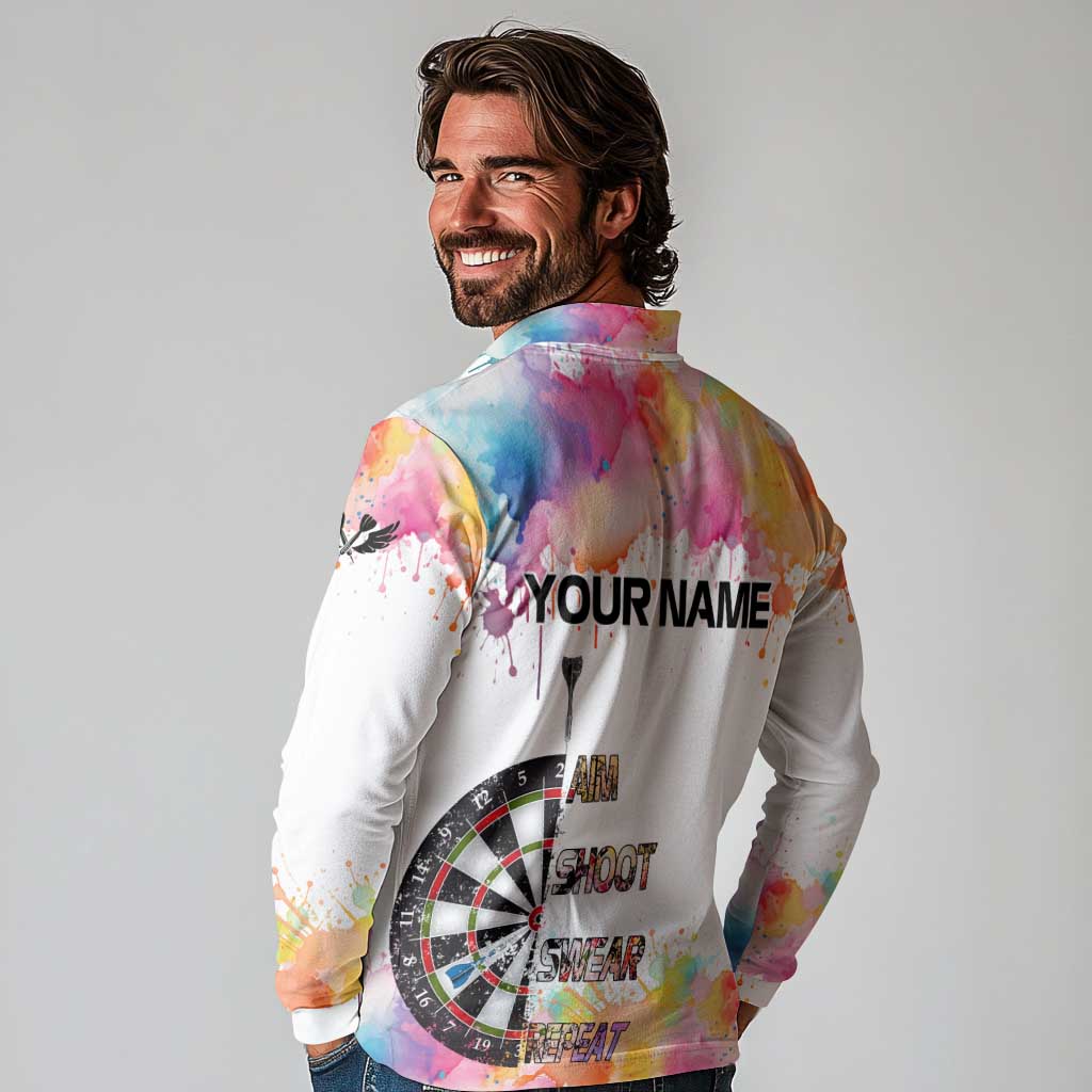 Custom Name Darts Long Sleeve Polo Shirt Funny Dartboards Colorful Paint Aim Shoot Swear Repeat - Wonder Print Shop