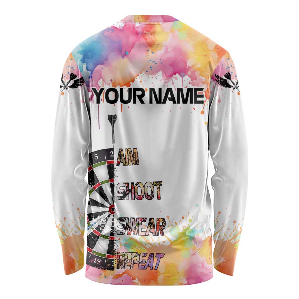 Custom Name Darts Long Sleeve Shirt Funny Dartboards Colorful Paint Aim Shoot Swear Repeat - Wonder Print Shop