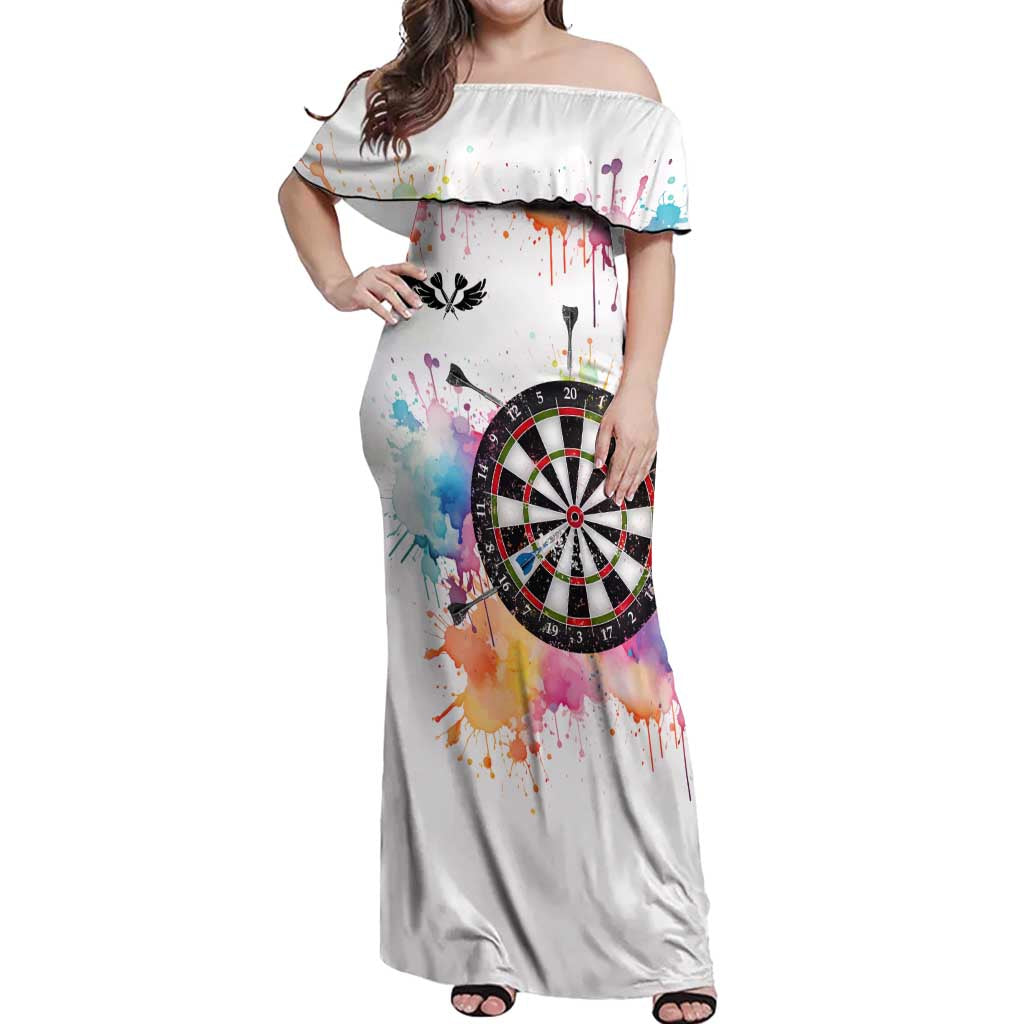 Custom Name Darts Off Shoulder Maxi Dress Funny Dartboards Colorful Paint Aim Shoot Swear Repeat - Wonder Print Shop