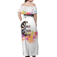 Custom Name Darts Off Shoulder Maxi Dress Funny Dartboards Colorful Paint Aim Shoot Swear Repeat - Wonder Print Shop