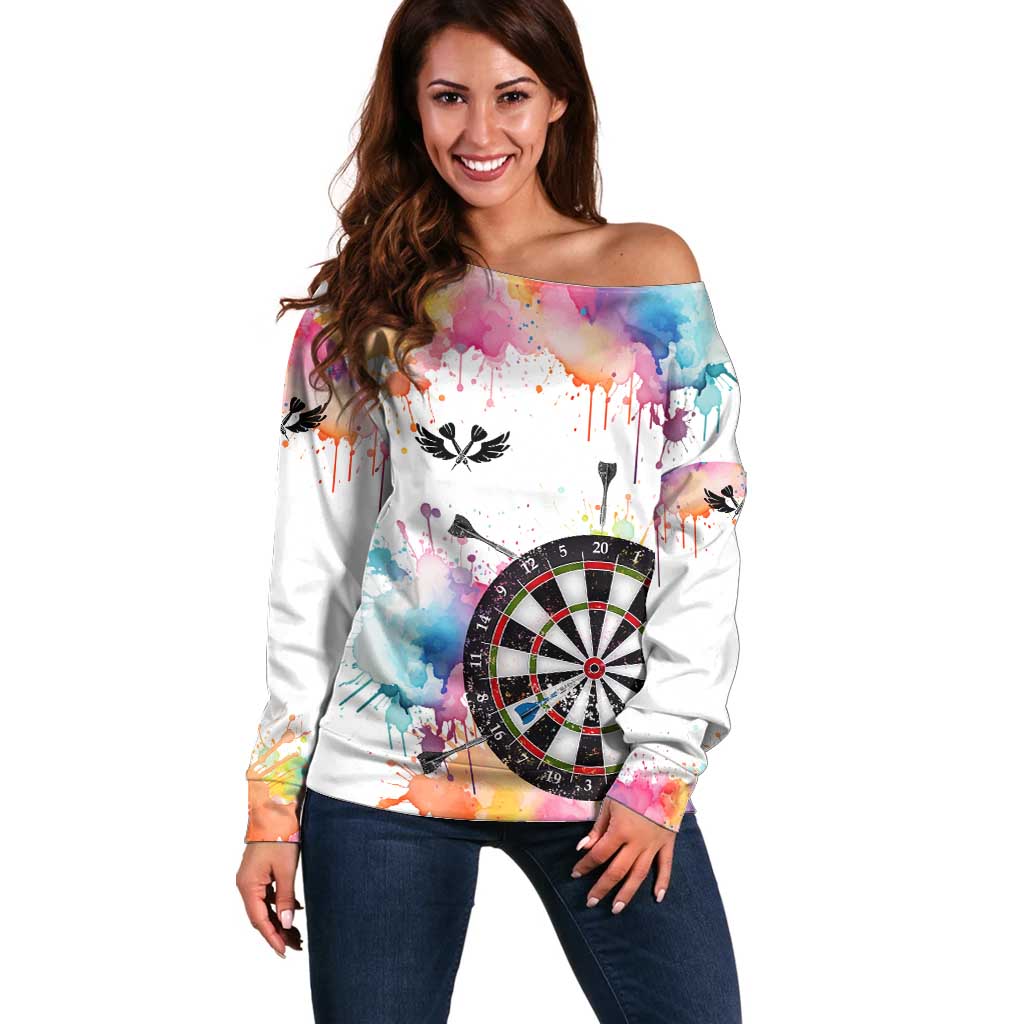 Custom Name Darts Off Shoulder Sweater Funny Dartboards Colorful Paint Aim Shoot Swear Repeat - Wonder Print Shop