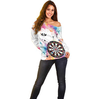 Custom Name Darts Off Shoulder Sweater Funny Dartboards Colorful Paint Aim Shoot Swear Repeat - Wonder Print Shop