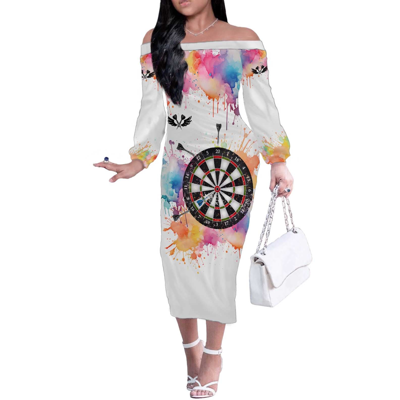 Custom Name Darts Off The Shoulder Long Sleeve Dress Funny Dartboards Colorful Paint Aim Shoot Swear Repeat - Wonder Print Shop