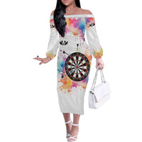 Custom Name Darts Off The Shoulder Long Sleeve Dress Funny Dartboards Colorful Paint Aim Shoot Swear Repeat - Wonder Print Shop