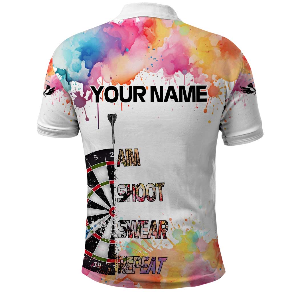 Custom Name Darts Polo Shirt Funny Dartboards Colorful Paint Aim Shoot Swear Repeat - Wonder Print Shop