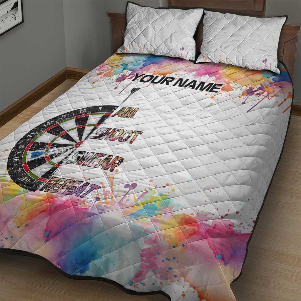 Custom Name Darts Quilt Bed Set Funny Dartboards Colorful Paint Aim Shoot Swear Repeat - Wonder Print Shop