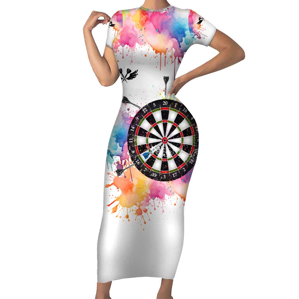 Custom Name Darts Short Sleeve Bodycon Dress Funny Dartboards Colorful Paint Aim Shoot Swear Repeat - Wonder Print Shop