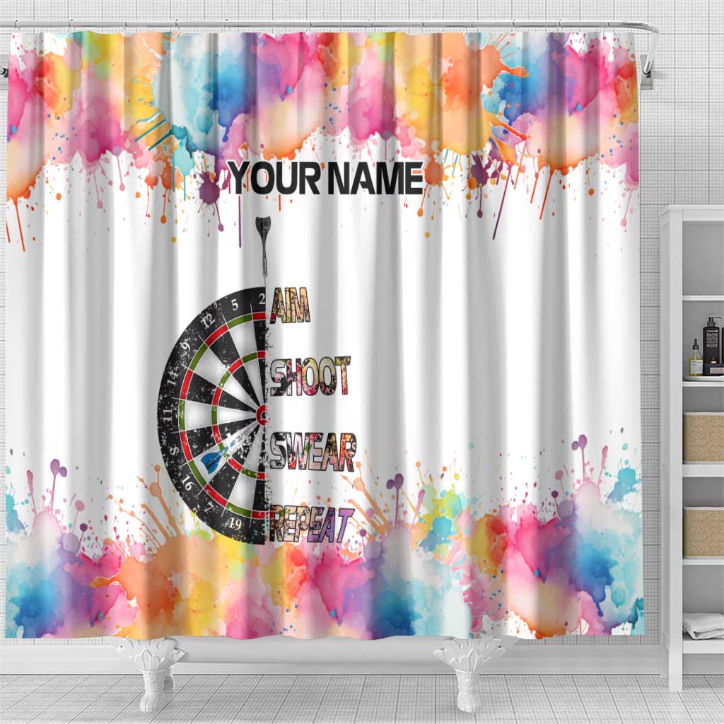 Custom Name Darts Shower Curtain Funny Dartboards Colorful Paint Aim Shoot Swear Repeat - Wonder Print Shop