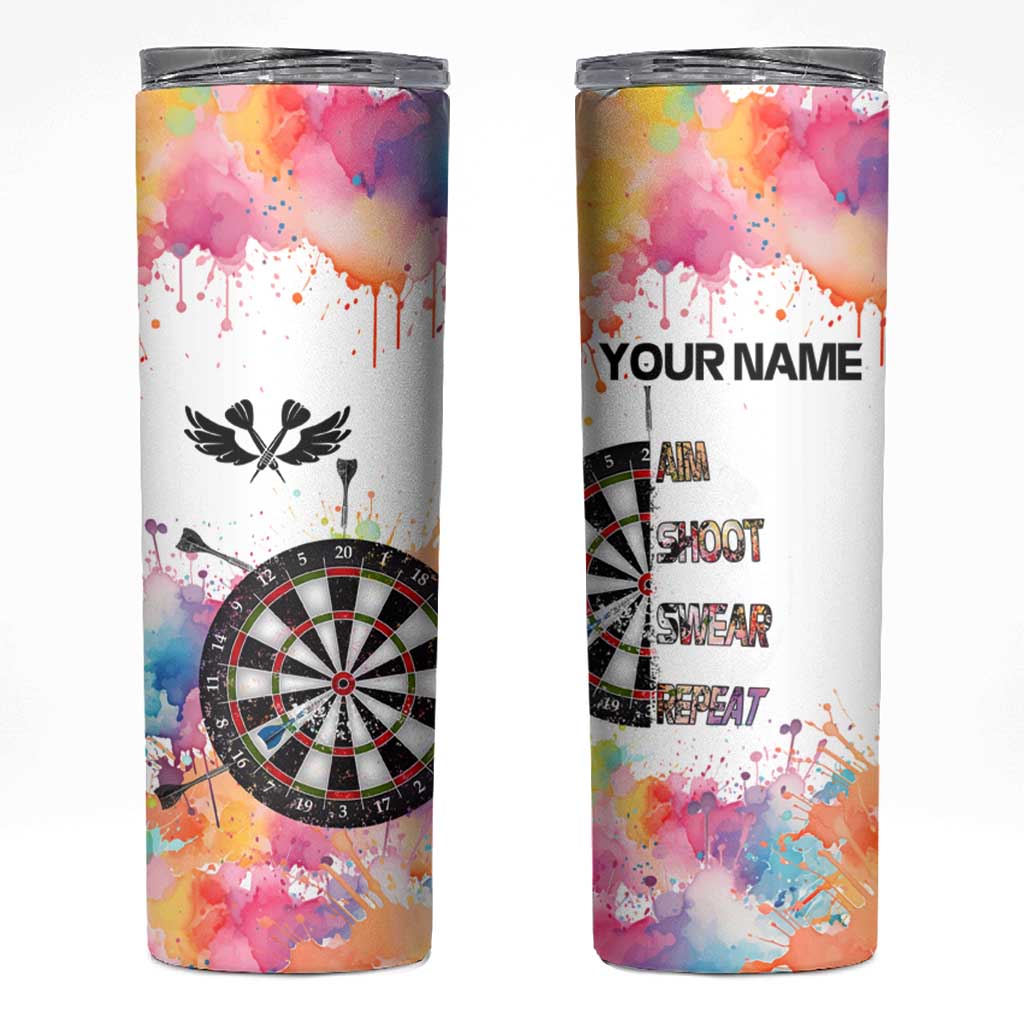 Custom Name Darts Skinny Tumbler Funny Dartboards Colorful Paint Aim Shoot Swear Repeat - Wonder Print Shop