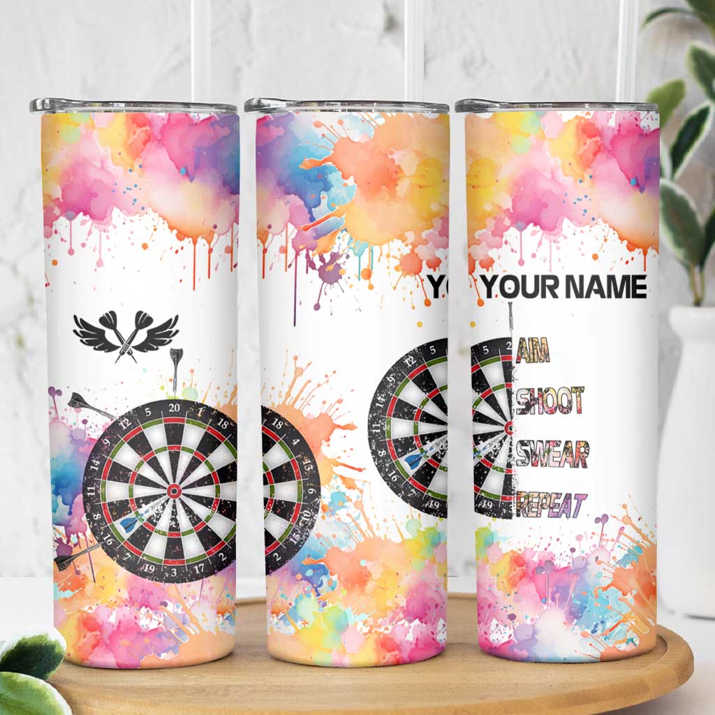 Custom Name Darts Skinny Tumbler Funny Dartboards Colorful Paint Aim Shoot Swear Repeat - Wonder Print Shop